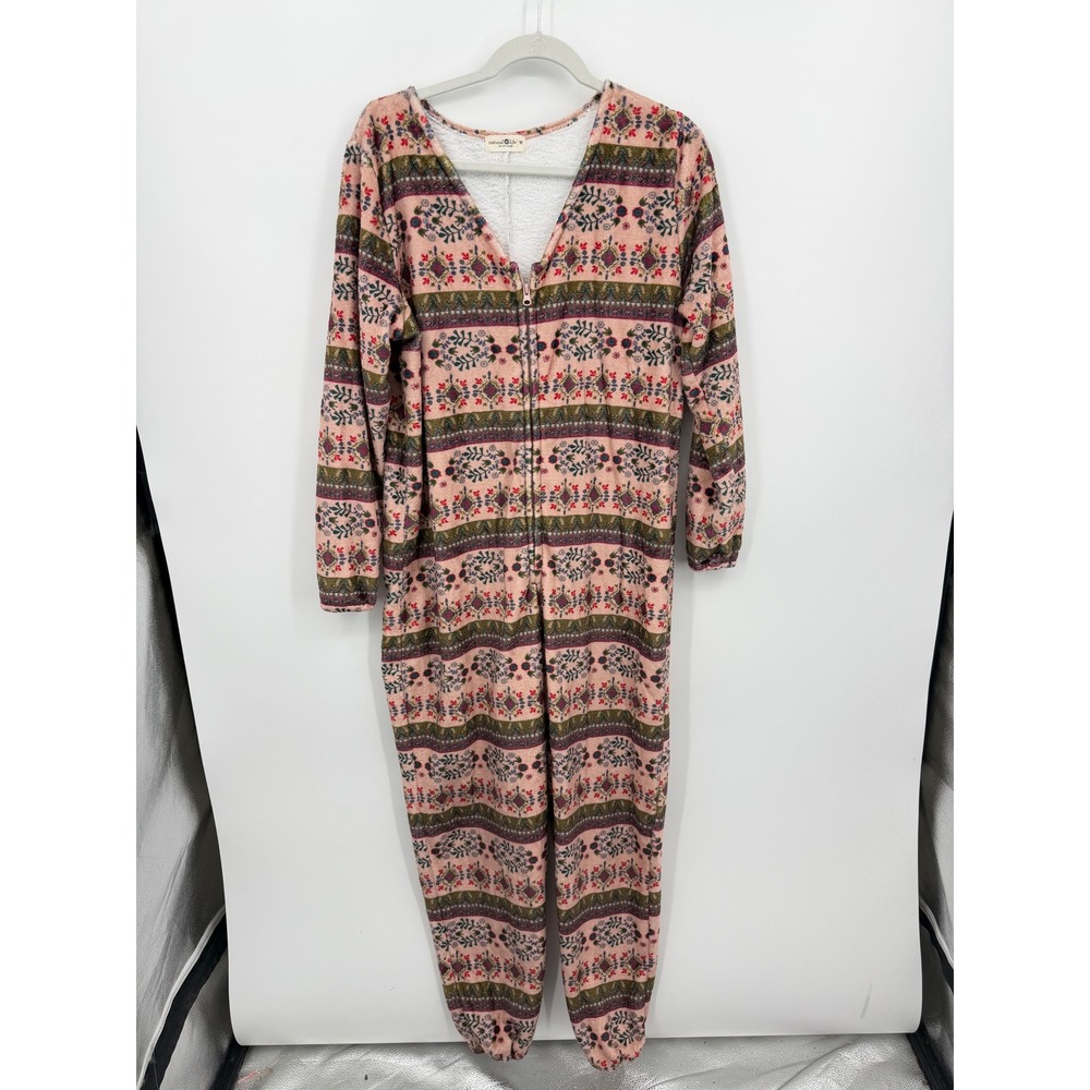 Natural Life Fleece Jumpsuit Pajamas Women M Pink Boho Floral Sherpa One Piece